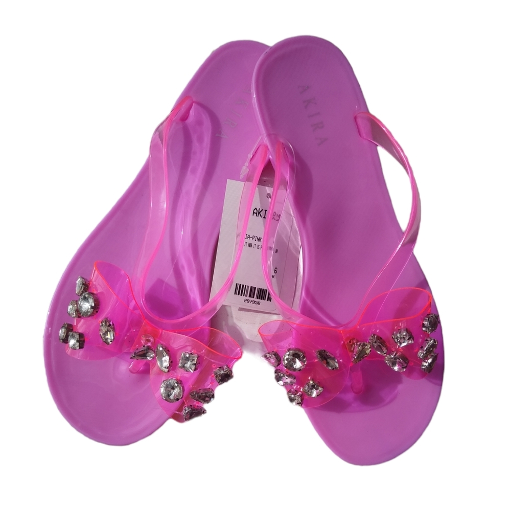 New! Pink Jelly Rhinestone Gem Crystal Bow Bling Flip-flops Flat Sandal - Picture 8 of 12